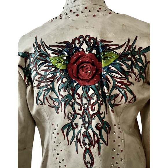 Wilsons Leather Women/Men Moto Jacket Size XL Studs Rhinestones Rose tattoo NWOT - Picture 5 of 14